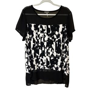 Vince Camuto Women's XL‎ Black White Abstract Sheer Short Sleeve Top Blouse